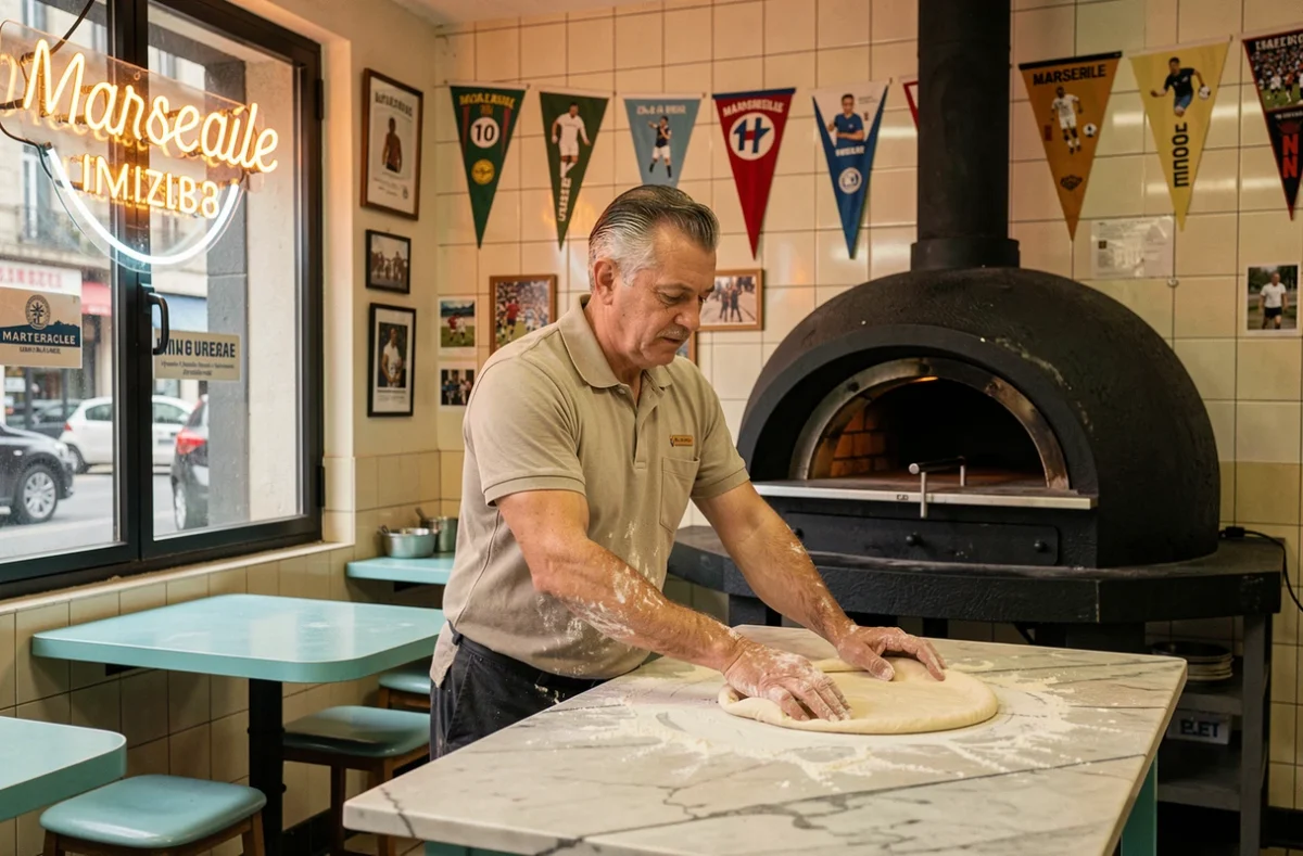Pizzaiolo de Chez Noël à Marseille étirant une pâte à pizza devant un four à bois en acier noir dans un décor vintage aux tables formica turquoise