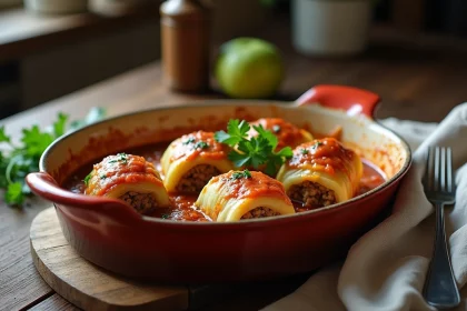 Chou farci maison servi dans une cocotte en céramique rustique sur une table en bois, sauce tomate et persil frais
