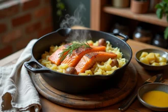 Choucroute aux poissons en cocotte fonte avec saumon et haddock fumé sur table en bois rustique