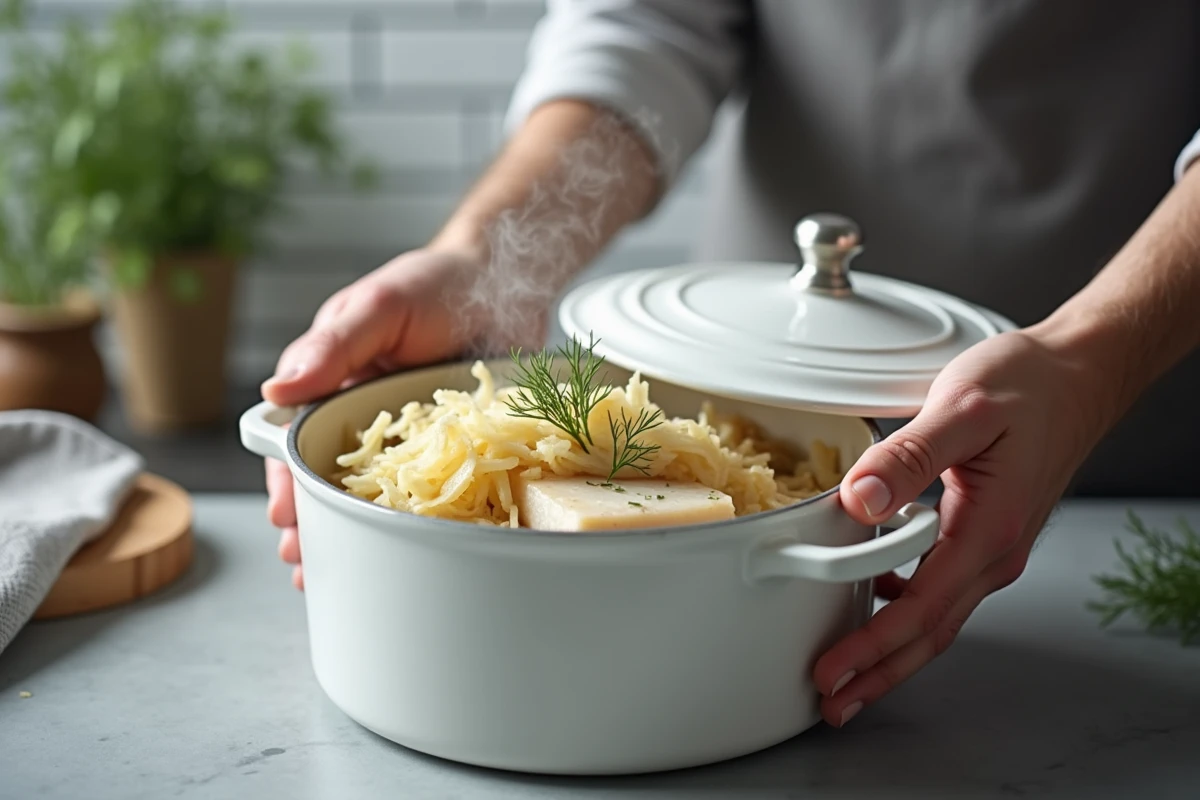 Gros plan cocotte ouverte choucroute poissons cabillaud et aneth vapeur en cuisine moderne