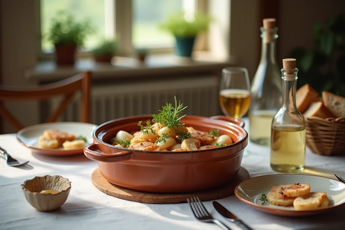 Table dressée repas familial choucroute aux poissons en cocotte terracotta pain de seigle et vin blanc