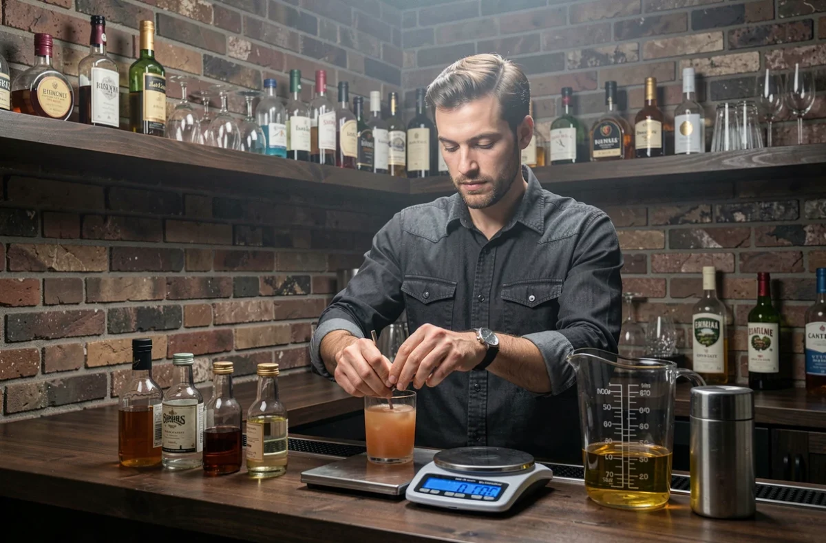 Homme préparant un cocktail maison avec une balance numérique et un pichet gradué en centilitres sur un comptoir de bar en appartement