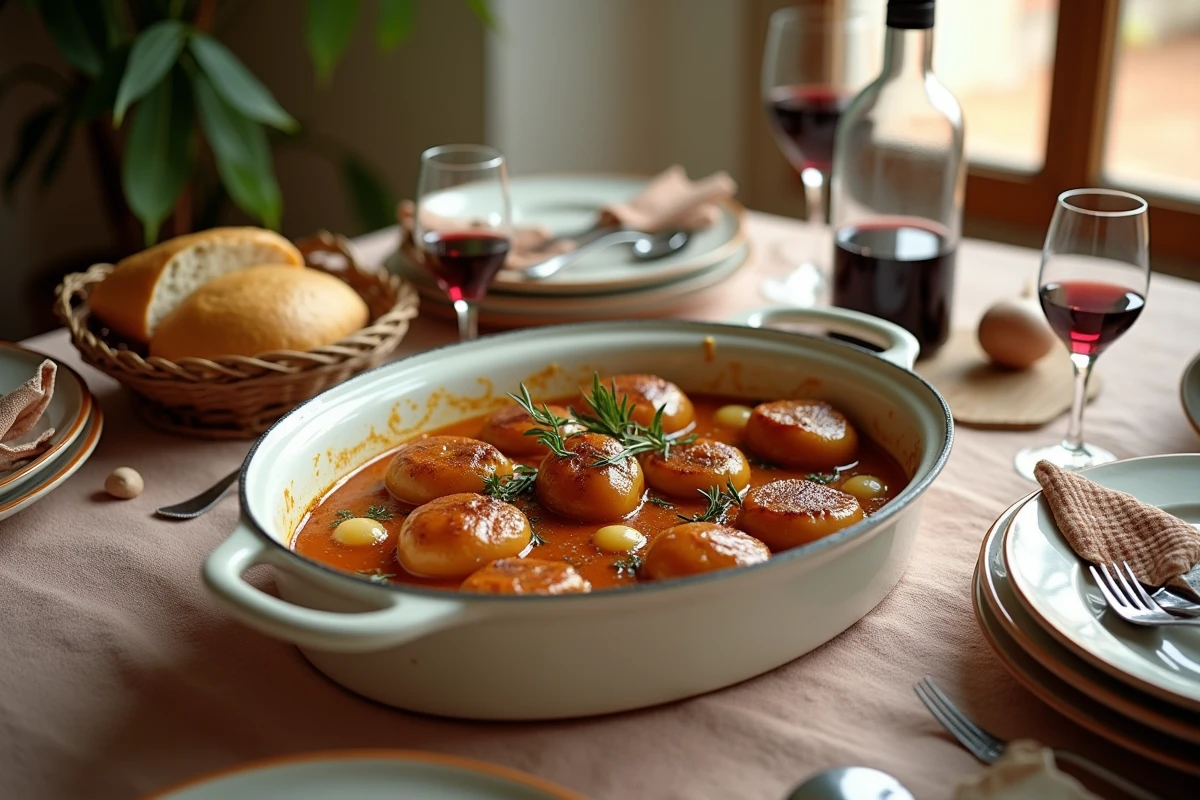 Cocotte familiale de paupiettes de veau braisées avec légumes de saison sur table provençale