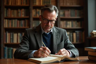 Collectionneur homme examine livre rare dans un bureau ancien