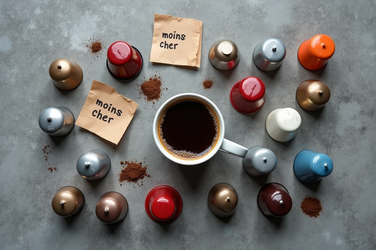 Comparatif de capsules compatibles Nespresso de différentes marques posées sur béton avec prix et café expresso