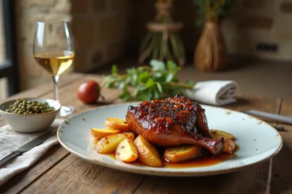 Confit de canard accompagné de pommes de terre sarladaises et lentilles du Puy, servi avec un verre de vin blanc sur une table en chêne rustique