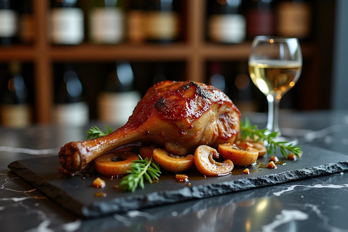 Gros plan sur un confit de canard aux chanterelles et oignons caramélisés servi sur ardoise avec un verre de Riesling alsacien