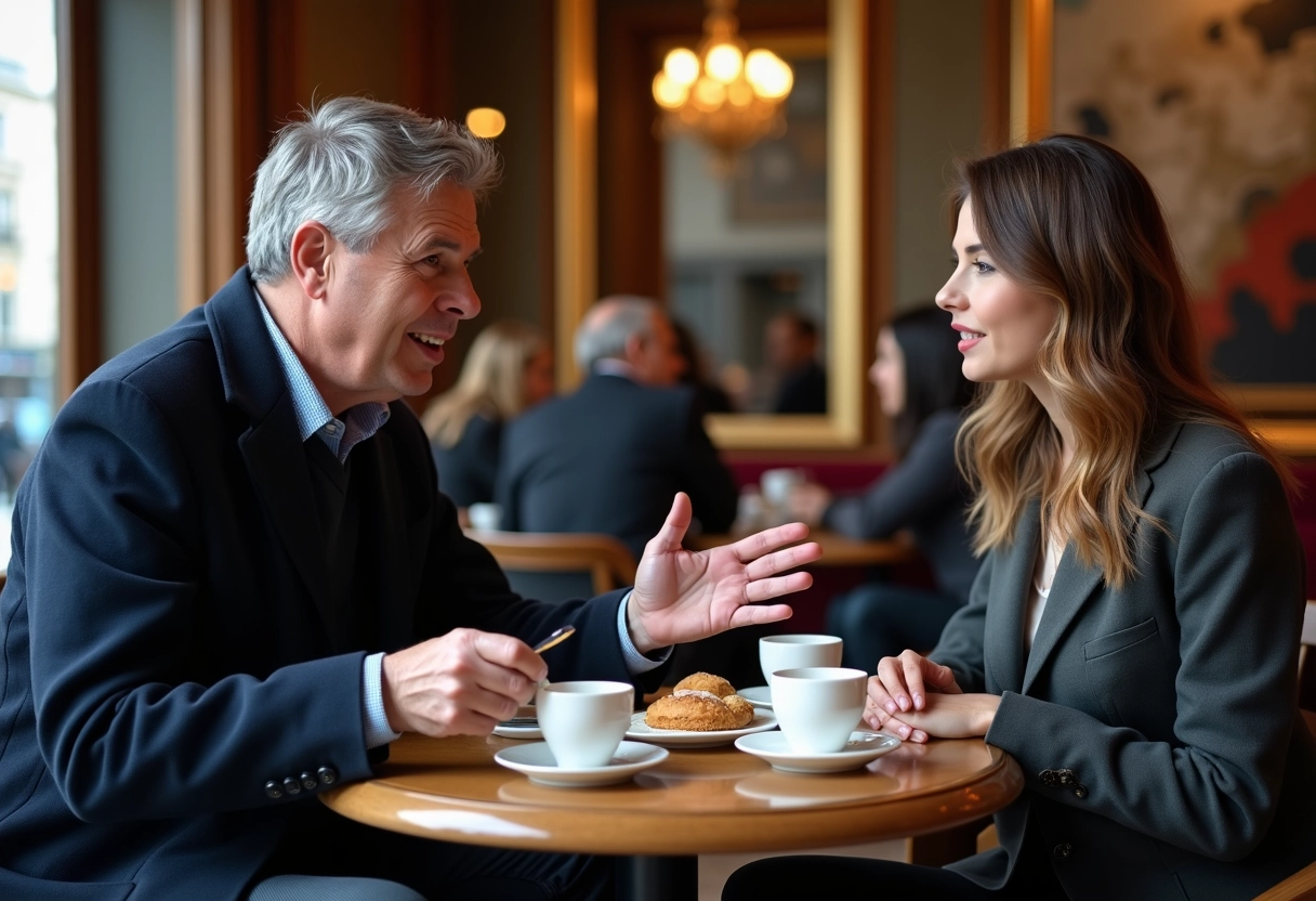 Homme et femme discutant au café du Chatelet