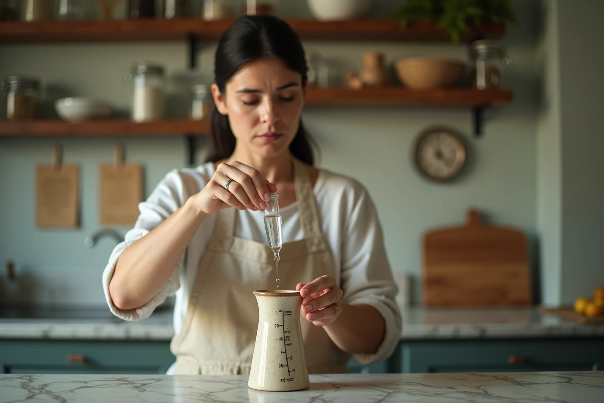Femme en tablier de lin versant 10ml de liquide dans une tasse graduée en centilitres sur un plan de travail en marbre