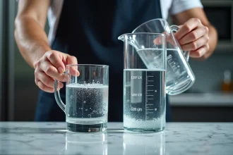 Conversion de 40 cl en litre avec une carafe graduée et un verre mesureur sur un comptoir en marbre