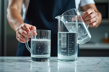 Conversion de 40 cl en litre avec une carafe graduée et un verre mesureur sur un comptoir en marbre