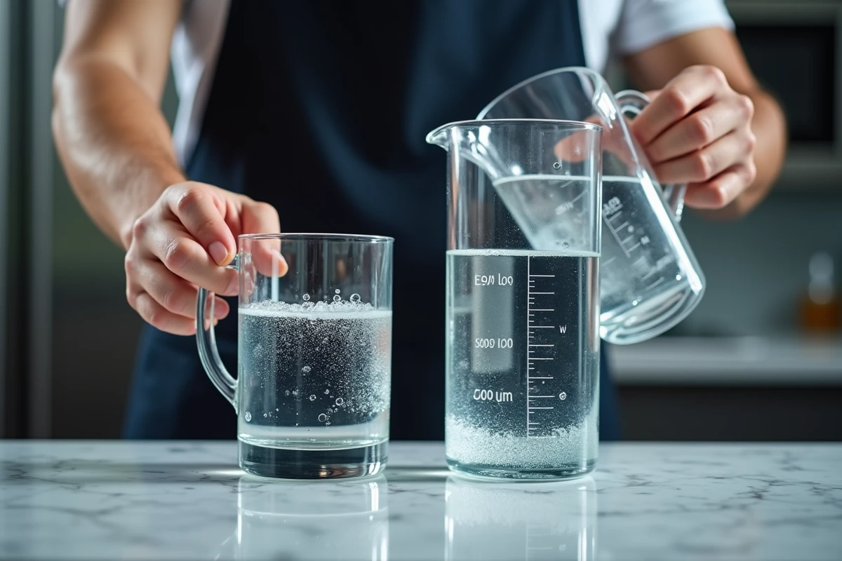Conversion de 40 cl en litre avec une carafe graduée et un verre mesureur sur un comptoir en marbre