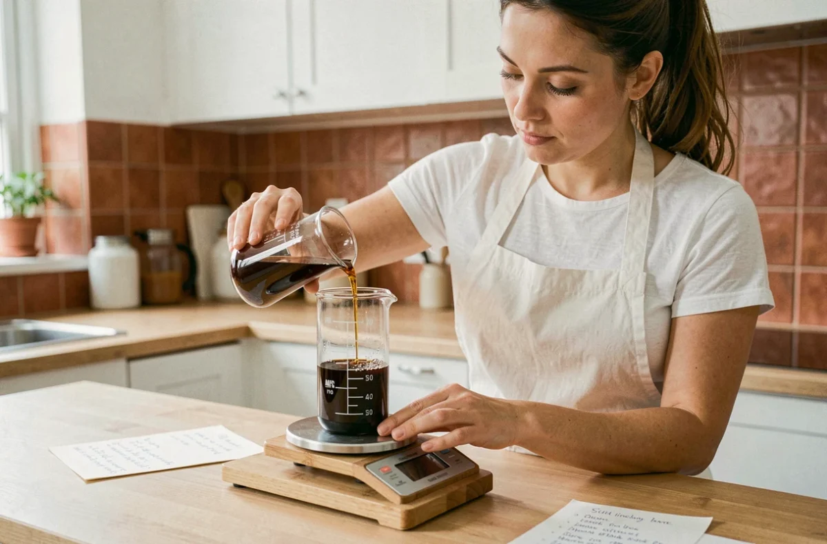 Femme versant un sirop ambré dans un cylindre gradué posé sur une balance de cuisine en bois pour convertir des grammes en centilitres