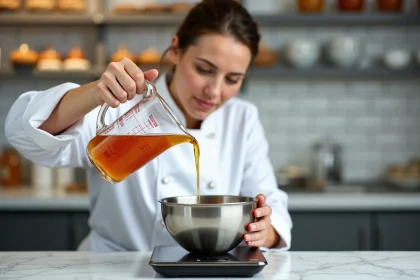 Cheffe p&acirc;tissi&egrave;re versant du sirop &eacute;pais dans un bol sur une balance num&eacute;rique pour une conversion grammes-litres pr&eacute;cise