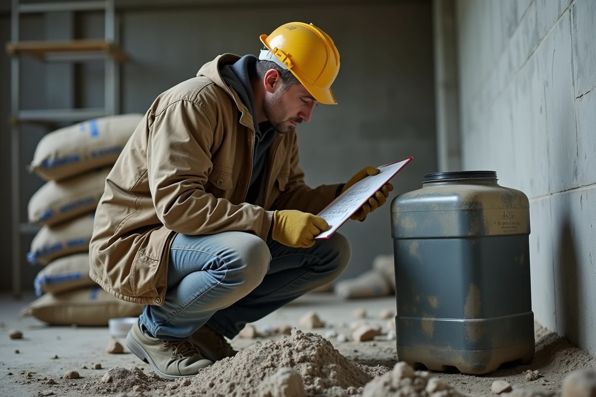 Ouvrier sur un chantier consultant des notes de conversion litres en kilogrammes à côté d'un bidon de matériau liquide