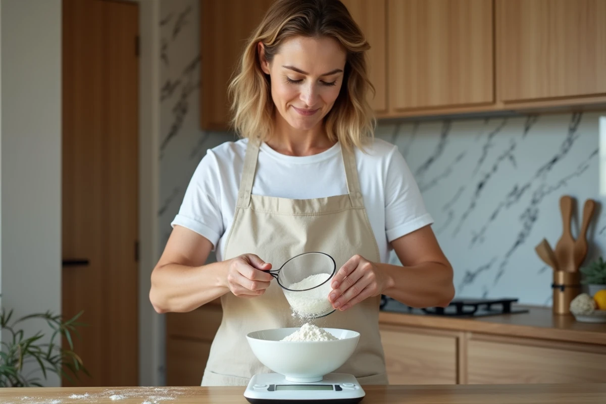 Femme en cuisine versant de la farine d'un verre doseur vers une balance numérique pour convertir des litres en kilogrammes dans une recette