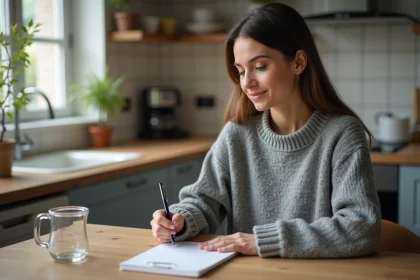 Jeune femme convertissant des mesures en cuisine