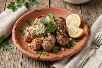 Couilles de mouton en persillade avec ail et citron, servies sur une assiette en terre cuite rustique pour un apéro canaille