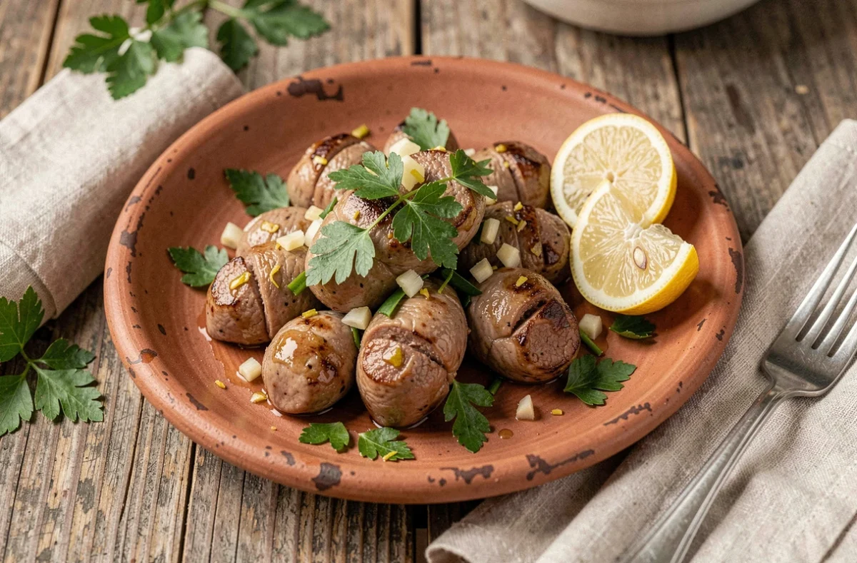 Couilles de mouton en persillade avec ail et citron, servies sur une assiette en terre cuite rustique pour un apéro canaille