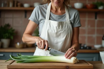 Femme découpant des poireaux rapidement sur une planche en bois dans une cuisine rustique