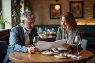 Couple d'adultes lisant des critiques culinaires dans un restaurant