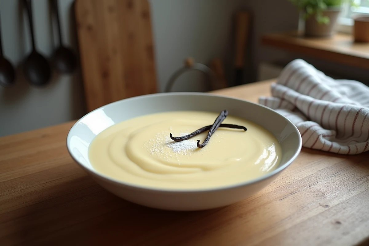 Crème pâtissière maison refroidissant dans un bol avec film alimentaire, vanille et sucre glace sur une table en bois