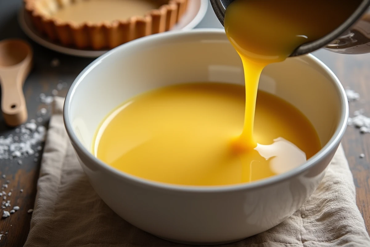 Crème pâtissière dorée et onctueuse versée dans un bol en céramique blanche lors de la réalisation d'une recette maison