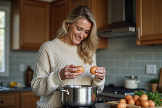 Femme en cuisine déposant des œufs dans une casserole