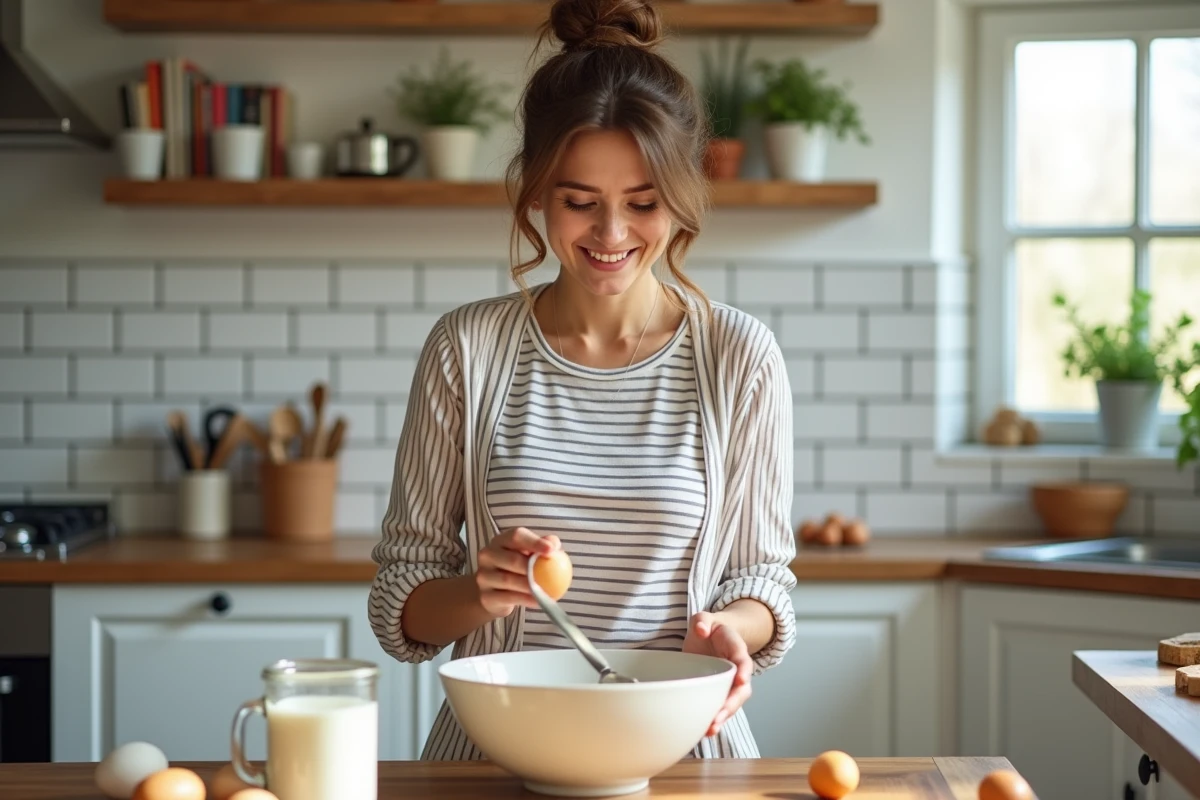 Femme souriante en cuisine avec bol et œufs frais
