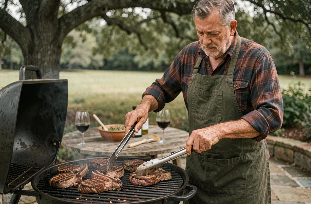 Homme en tablier plaçant des côtelettes de chevreuil marinées sur un gril au charbon de bois en pierre, entouré d'accessoires de barbecue sur une terrasse extérieure