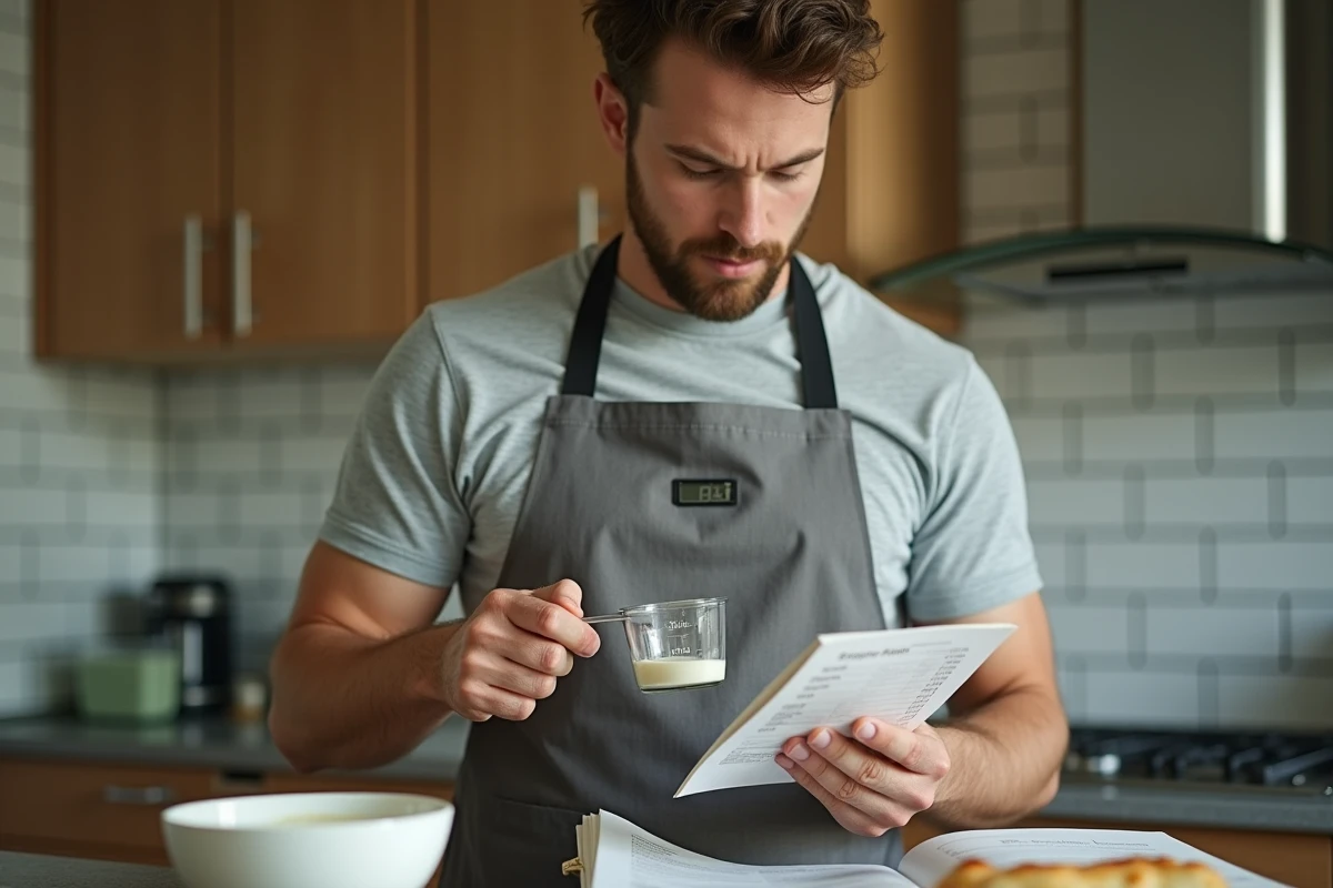 Jeune cuisinier consultant un tableau de conversion grammes-litres pour doser une préparation épaisse avec une tasse graduée numérique