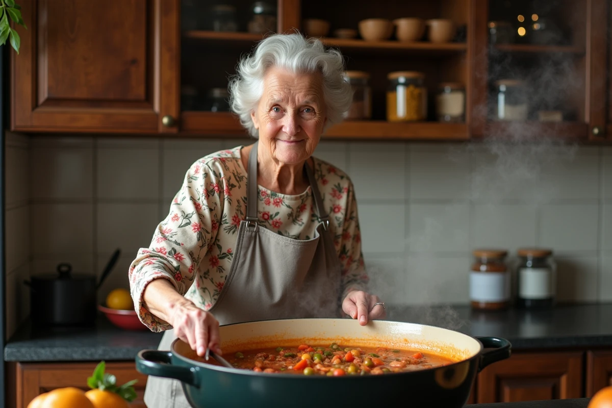 Femme &acirc;g&eacute;e pr&eacute;parant une carbonnade flamande dans la cuisine
