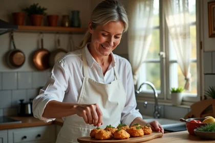 Femme en cuisine préparant des crépinettes de porc fraîches