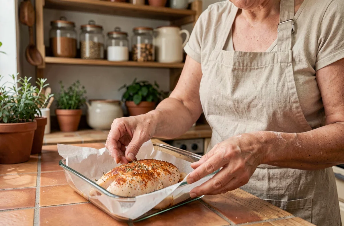 Femme cuisinière en tablier beige déposant une escalope de poulet crue assaisonnée dans un plat en verre prêt à enfourner dans une cuisine rustique française