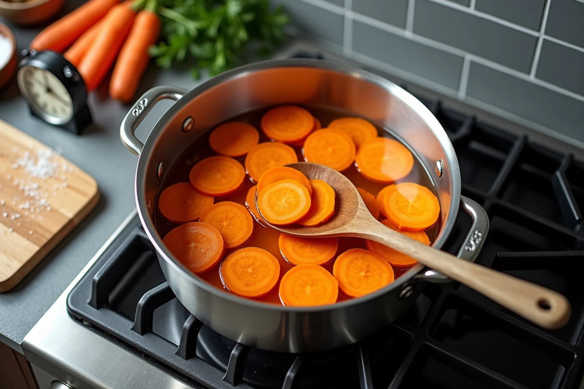 Grande casserole de rondelles de carottes en train de cuire sur une gazinière professionnelle avec minuteur visible