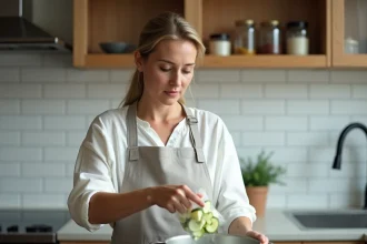 Femme versant des courgettes surgelées dans une casserole d'eau bouillante dans une cuisine moderne