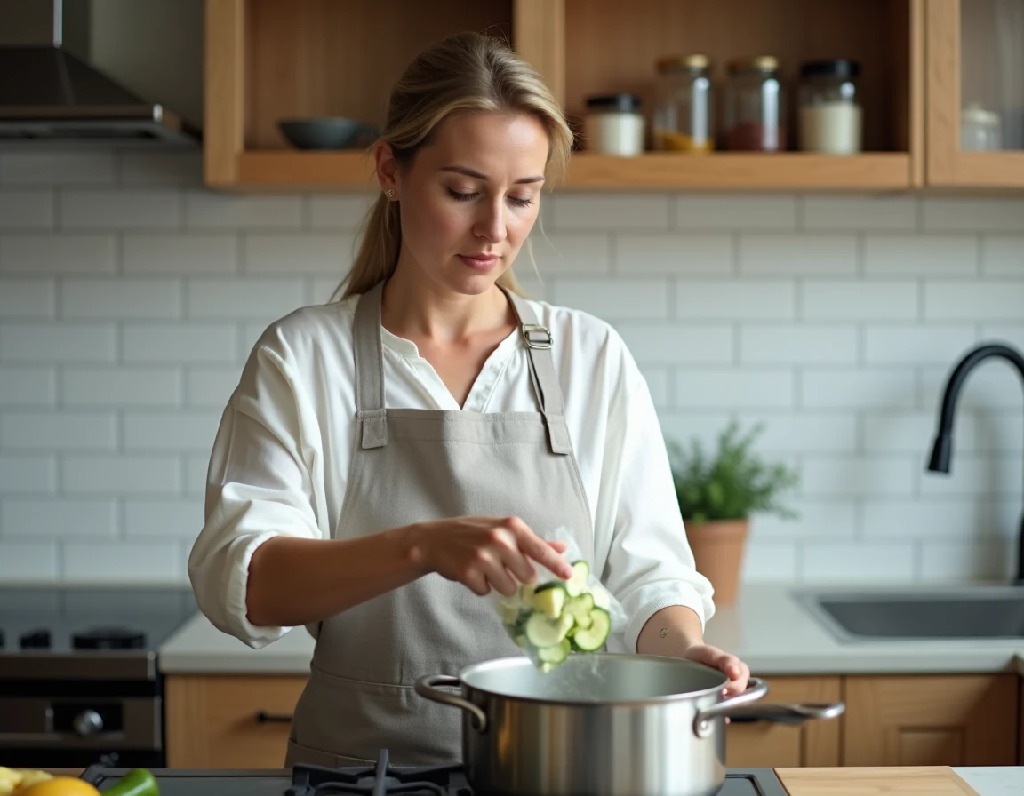 Femme versant des courgettes surgelées dans une casserole d'eau bouillante dans une cuisine moderne