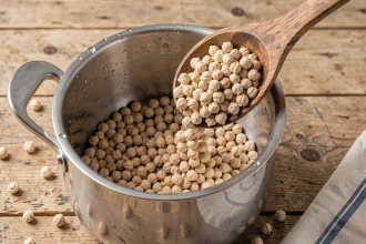 Pois chiches secs versés dans une cocotte-minute en inox pour une cuisson rapide sous pression