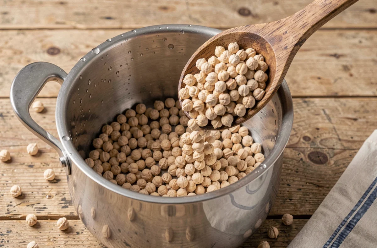 Pois chiches secs versés dans une cocotte-minute en inox pour une cuisson rapide sous pression