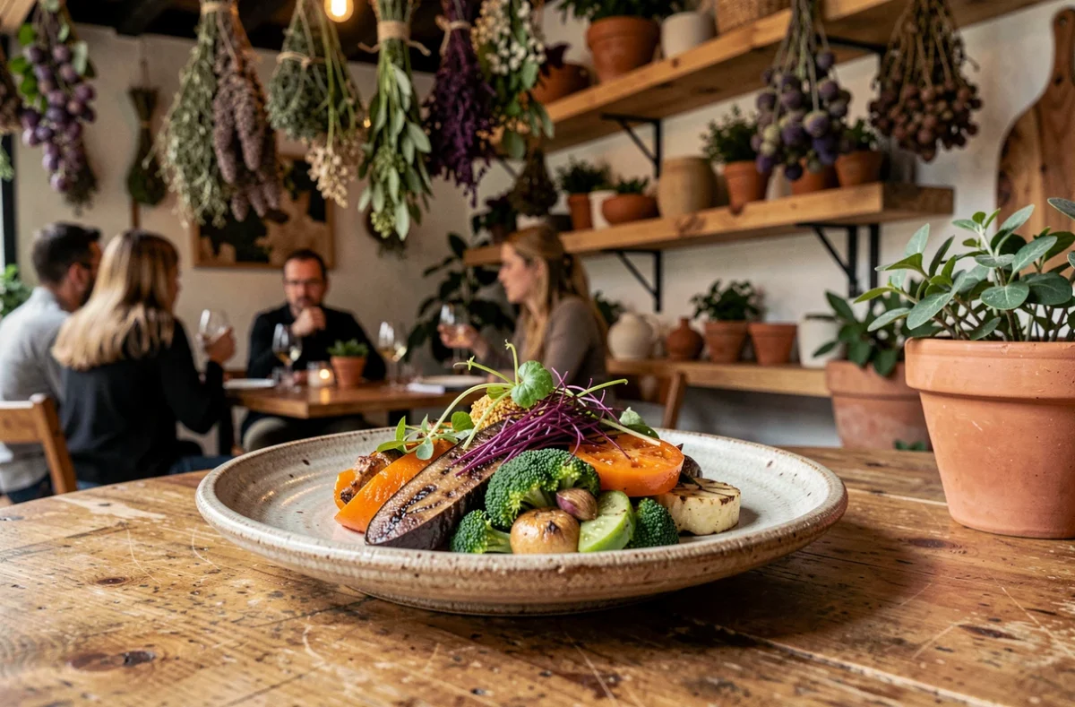 Assiette végétarienne créative et colorée du restaurant gastronomique étoilé Culina Hortus à Lyon