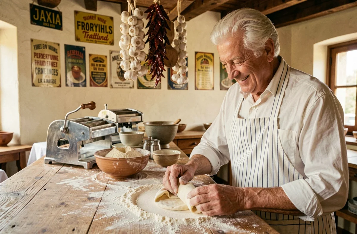 Patron âgé du restaurant Da Aldo à Aix-en-Provence façonnant des pâtes fraîches à la main sur un comptoir en chêne patiné