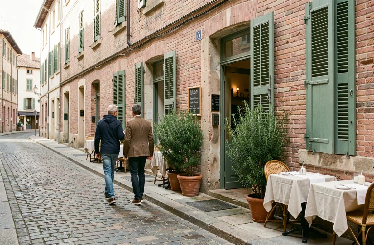 Couple découvrant l'entrée d'un restaurant de quartier caché dans une rue pavée aux briques roses typiques de Toulouse