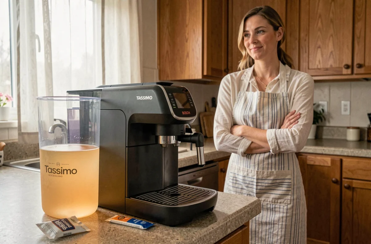 Femme surveillant le cycle de détartrage de sa machine Tassimo avec solution détartrante dans la cuisine