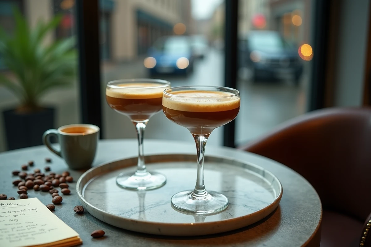 Deux espresso martinis sur plateau en marbre dans un café urbain avec grains de café torréfiés et carnet de recettes de cocktails