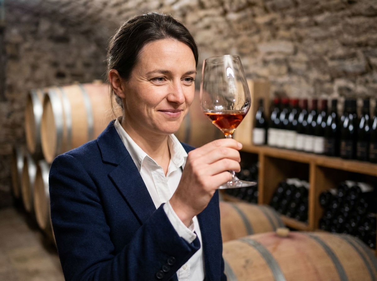 Jeune sommeliere analysant la couleur d’un verre de vin