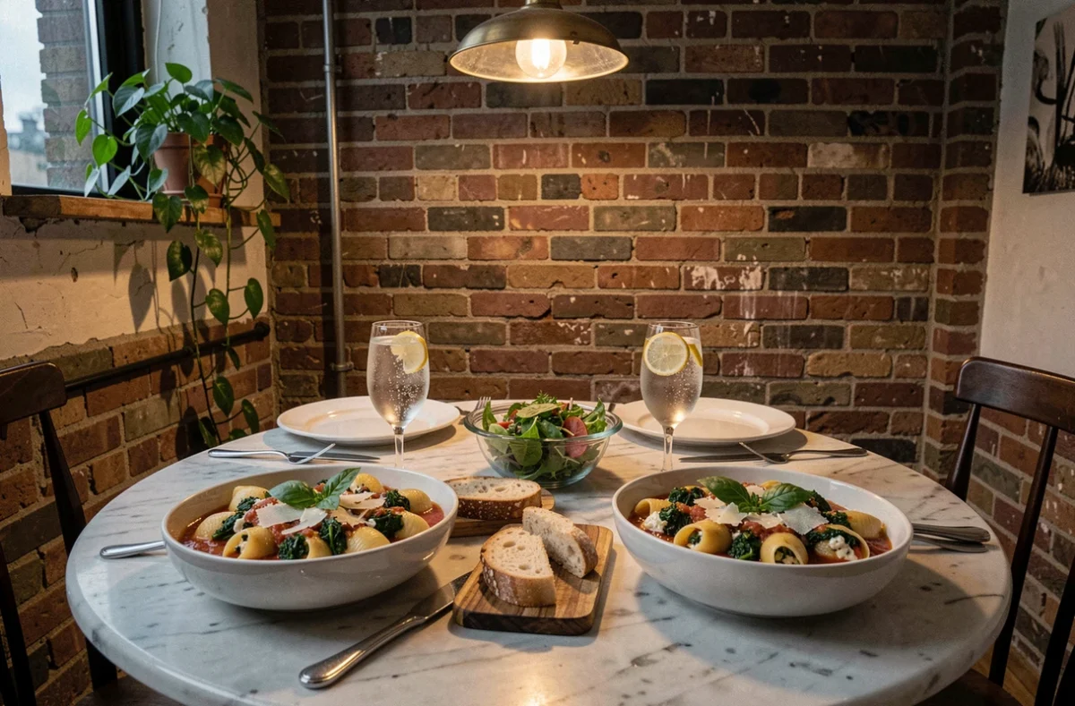 Table dressée pour un dîner végétarien avec des conchiglioni farcis aux épinards et ricotta en sauce tomate dans un appartement cosy