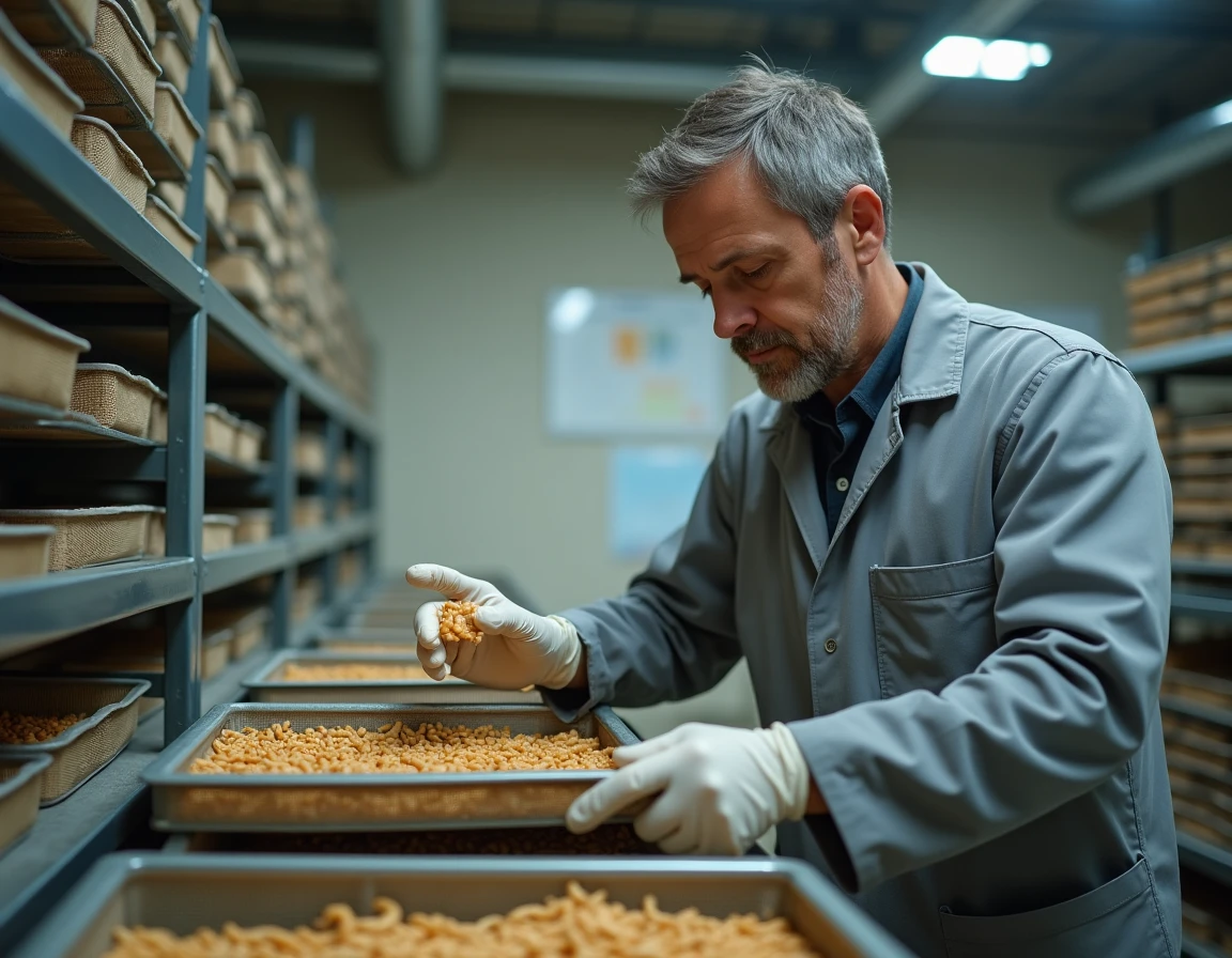 Technicien inspectant des plateaux d'élevage de vers de farine dans un entrepôt d'insecticulture durable pour la production de protéines alternatives