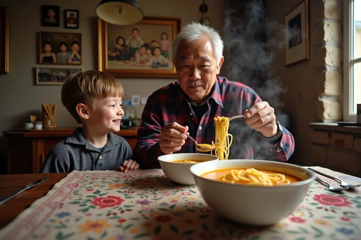 Jeune garçon regardant un homme verser la soupe dans un bol en famille