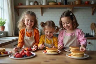 Trois enfants en cuisine préparant des brochettes de fruits et pancakes