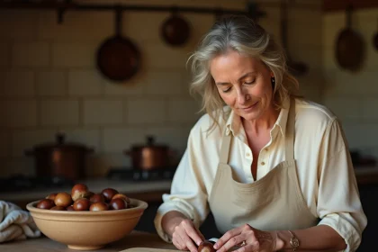 Femme épluchant une châtaigne avec un couteau dans une cuisine rustique, préparation des marrons glacés